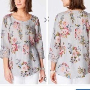 J Jill Women’s love Linen light blue gray  Floral 3/4 Sleeve Sweater Size Small